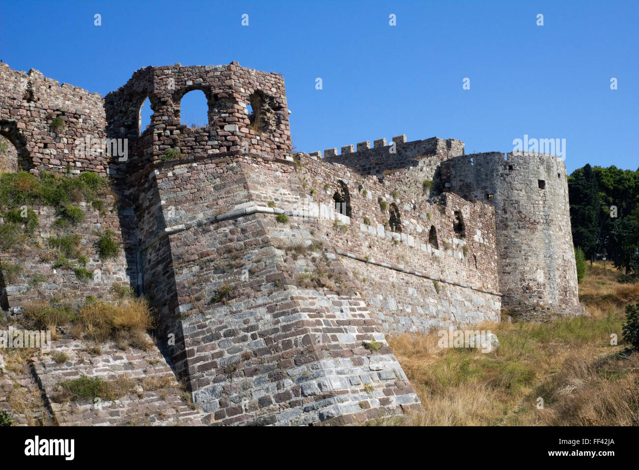 The eastern  tower of Mytilene's middle castle section, Kato Skala area Lesvos or Lesbos island, Greece Stock Photo