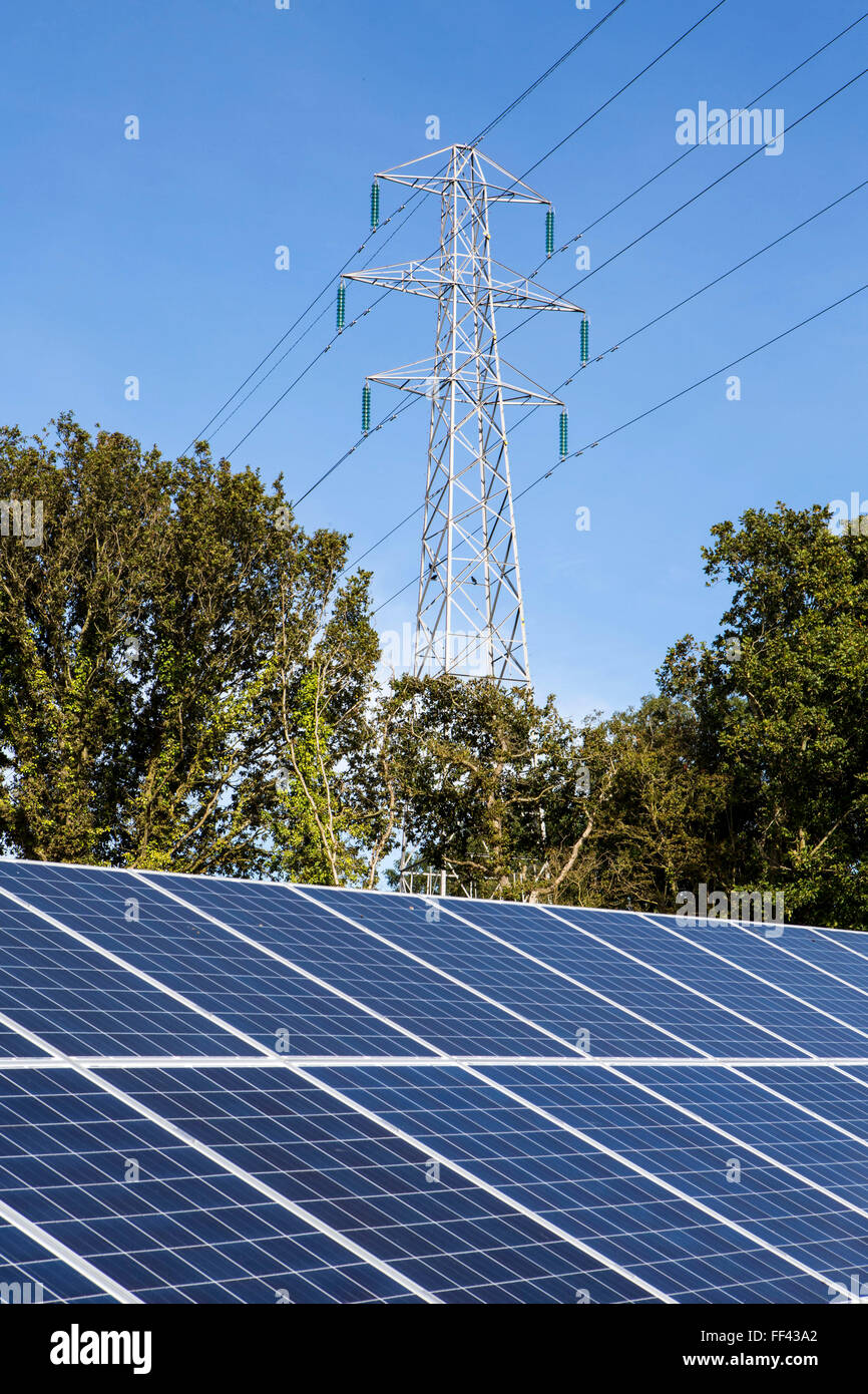 An electricity pylon towering over the solar panels of the 100kW solar array built by WREN, in partnership with South West Water, to power Nanstallon Sewage Treatment Works. WREN community energy. Wadebridge, Cornwall. UK Stock Photo