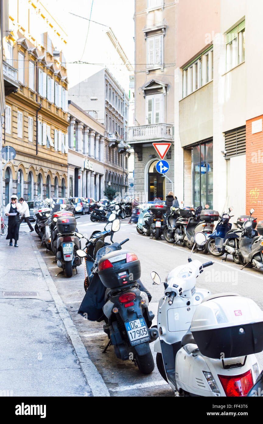 Trieste, Italy - February 5, 2016: motorcycles parked in designated areas. Stock Photo