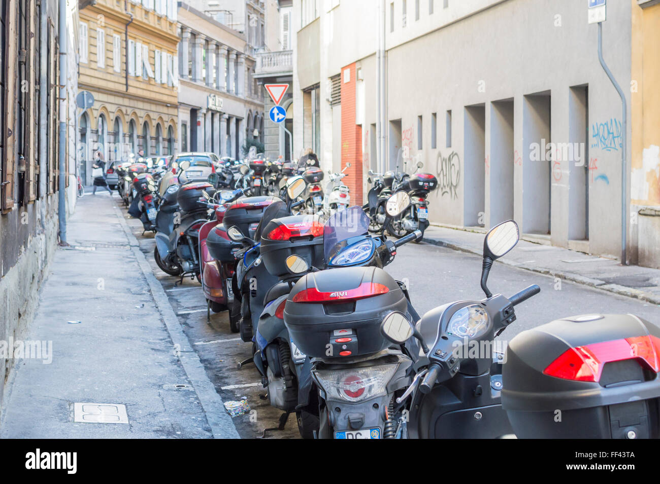 Trieste, Italy - February 5, 2016: motorcycles parked in designated areas. Stock Photo