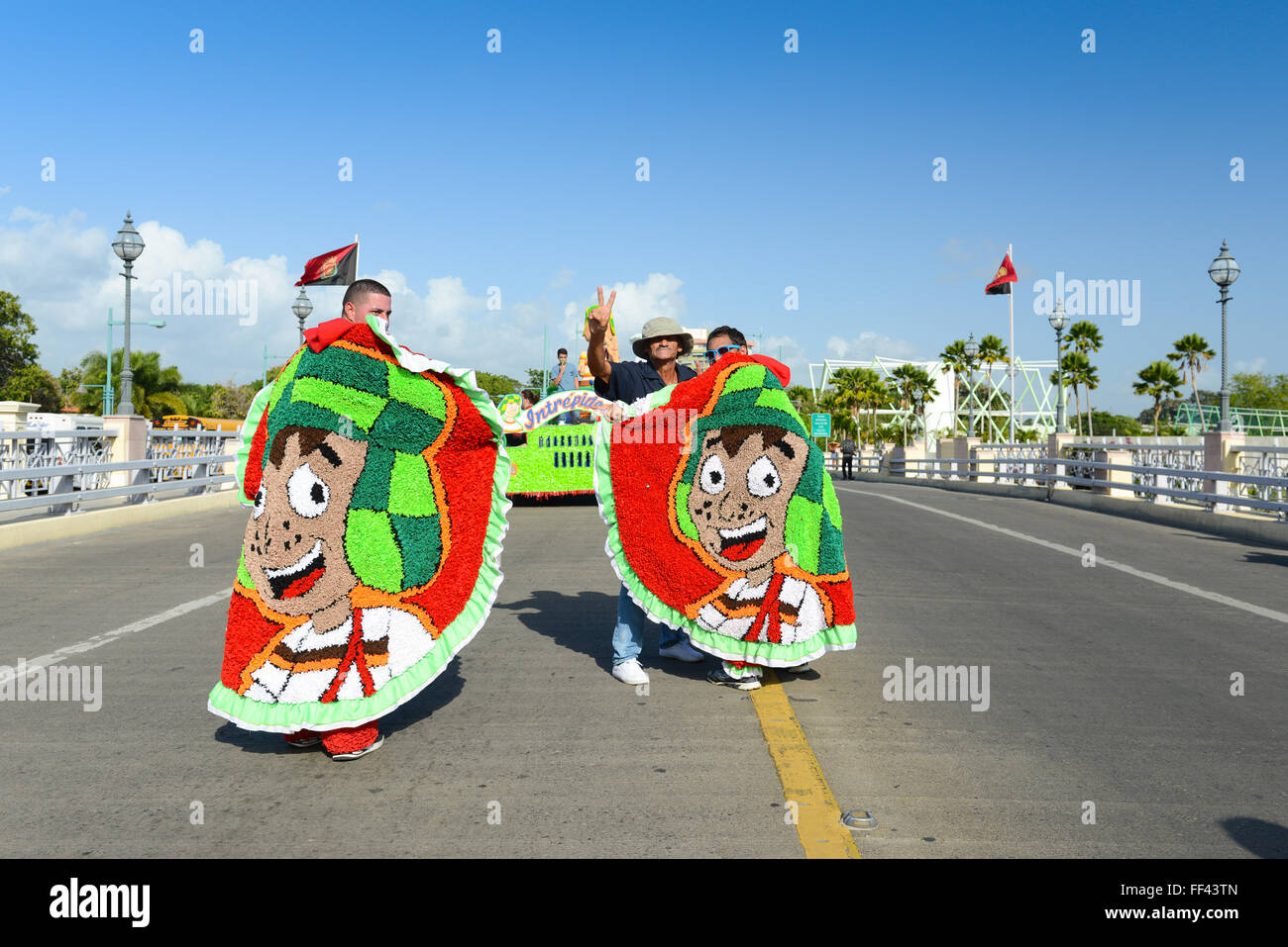 Los Intrepidos, VEJIGANTE group (inspired by a famous TV show called Chespirito) parading during carnival in Ponce. Puerto Rico. Stock Photo