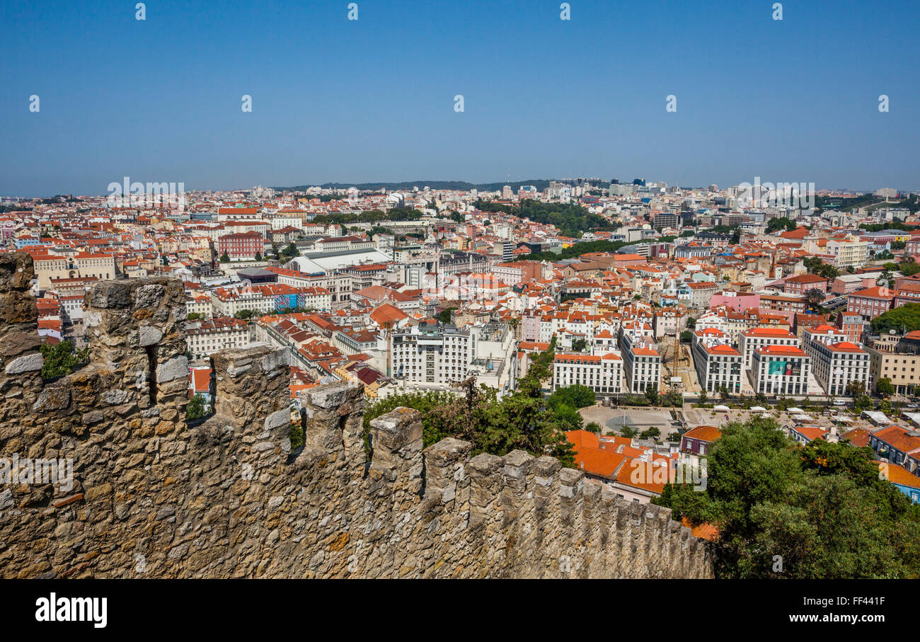 view from the battlements of Castelo de Sao Jorge, St. George's Castle, Lisbon, Portugal Stock Photo