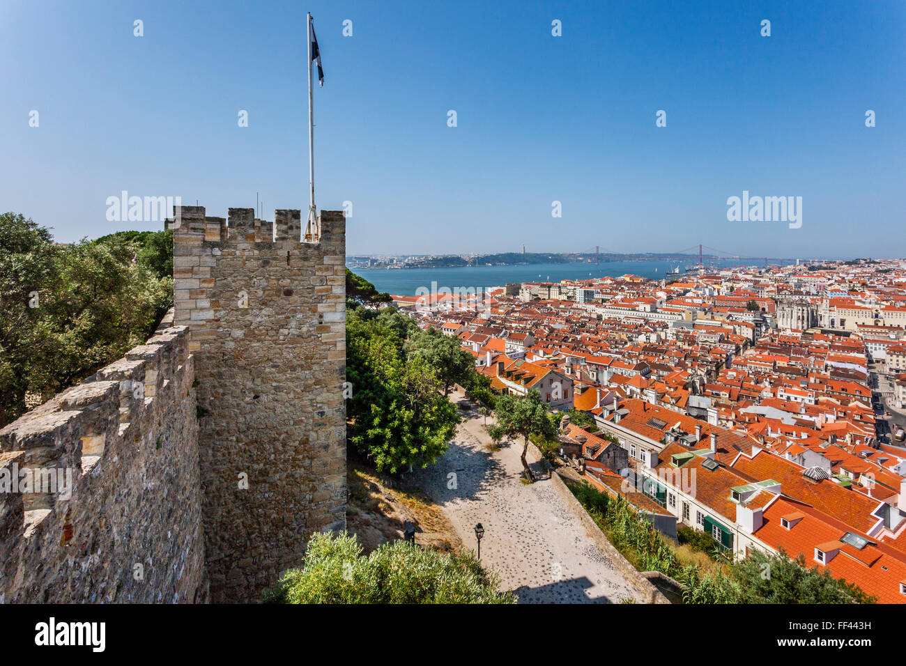 view from the battlements of Castelo de Sao Jorge, St. George's Castle, Lisbon, Portugal Stock Photo