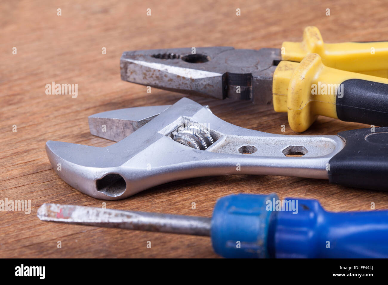 group of tools on wooden background Stock Photo