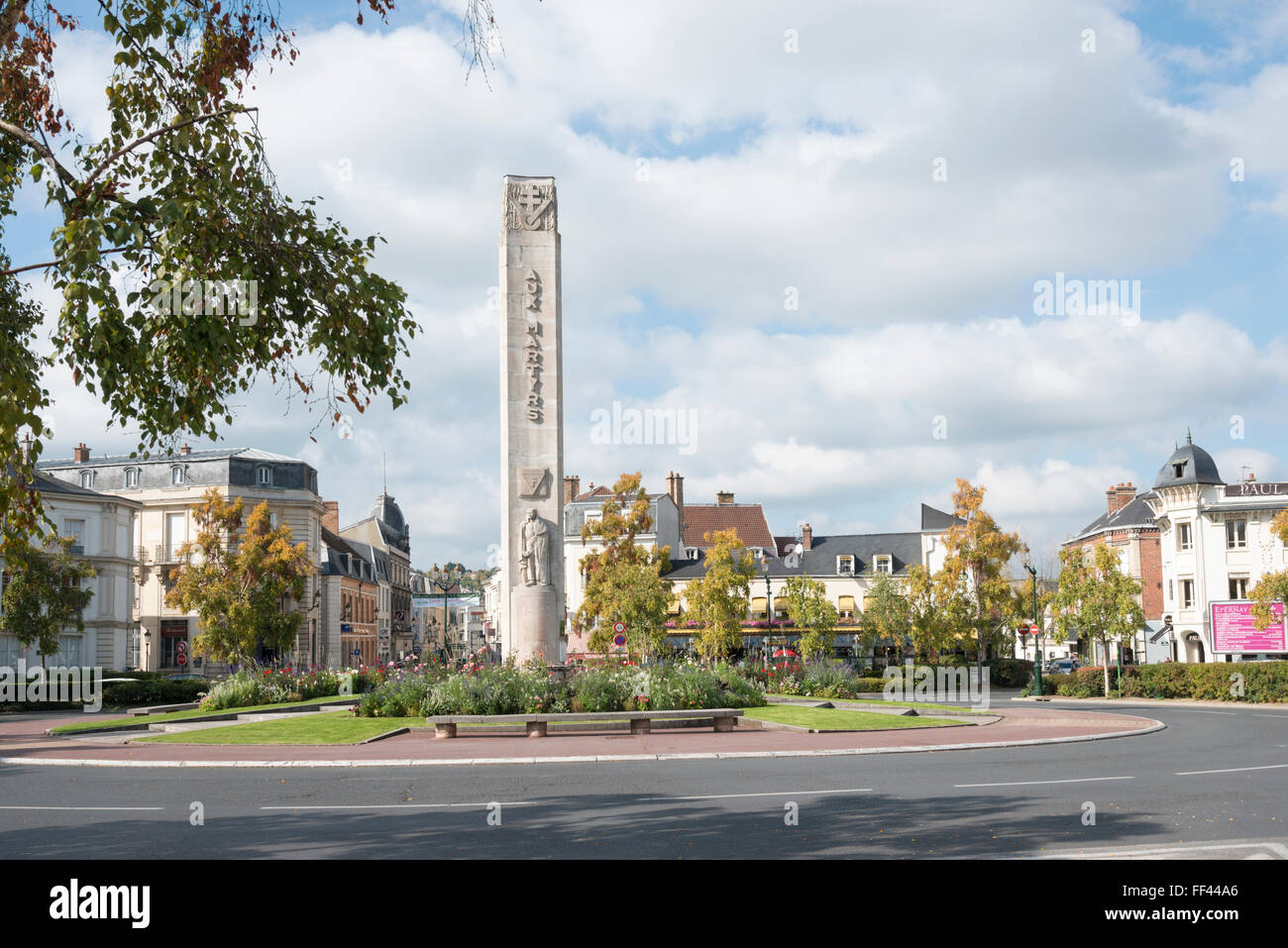 A street scene in Epernay France the capital of the champagne area showing the World War II memorial Stock Photo