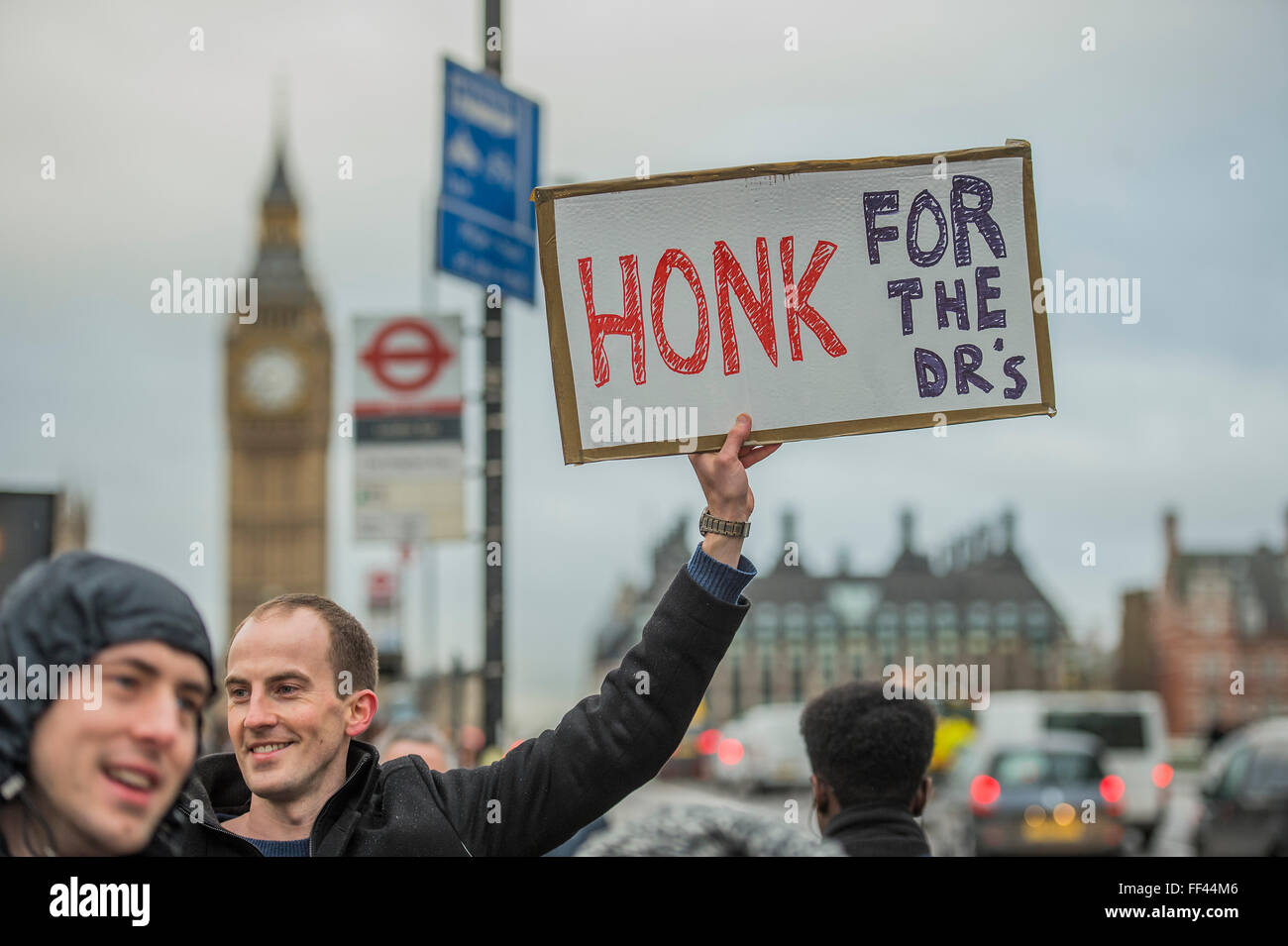 London, UK. 10th February, 2016. Dr Melissa Haskins with the Ghostbusters sign - The picket line at St Thomas' Hospital. The second official junior doctors strike started at 8 AM this morning against proposals by the government. Credit:  Guy Bell/Alamy Live News Stock Photo