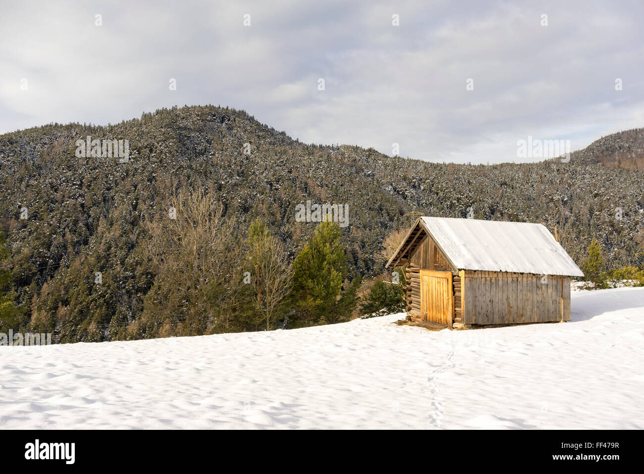 Traditional Timber Mountain Cabin In Fresh Winter Snow With