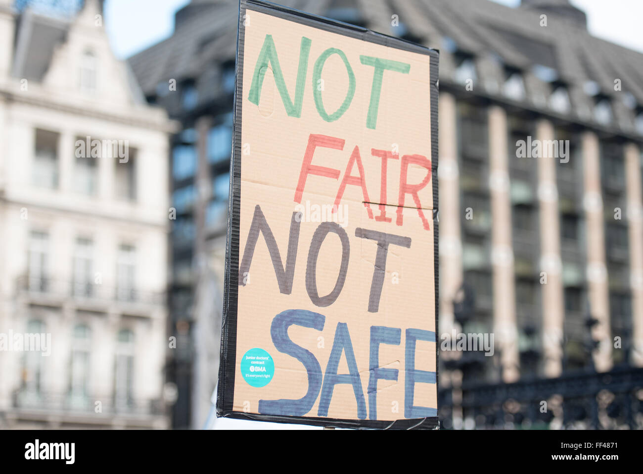 London, UK. 10th February, 2016.  Junior doctors banner - not fair not safe Credit:  Ian Davidson/Alamy Live News Stock Photo