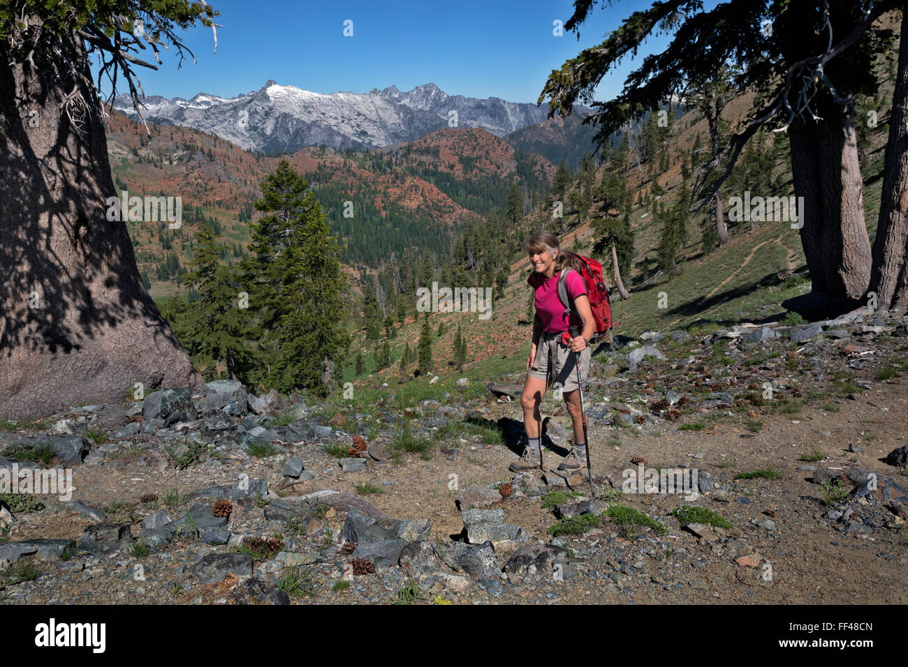 CALIFORNIA - Hiker at the intersection of Granite Creek and Seven Up Trails in the Trinity Alps Wilderness. Stock Photo