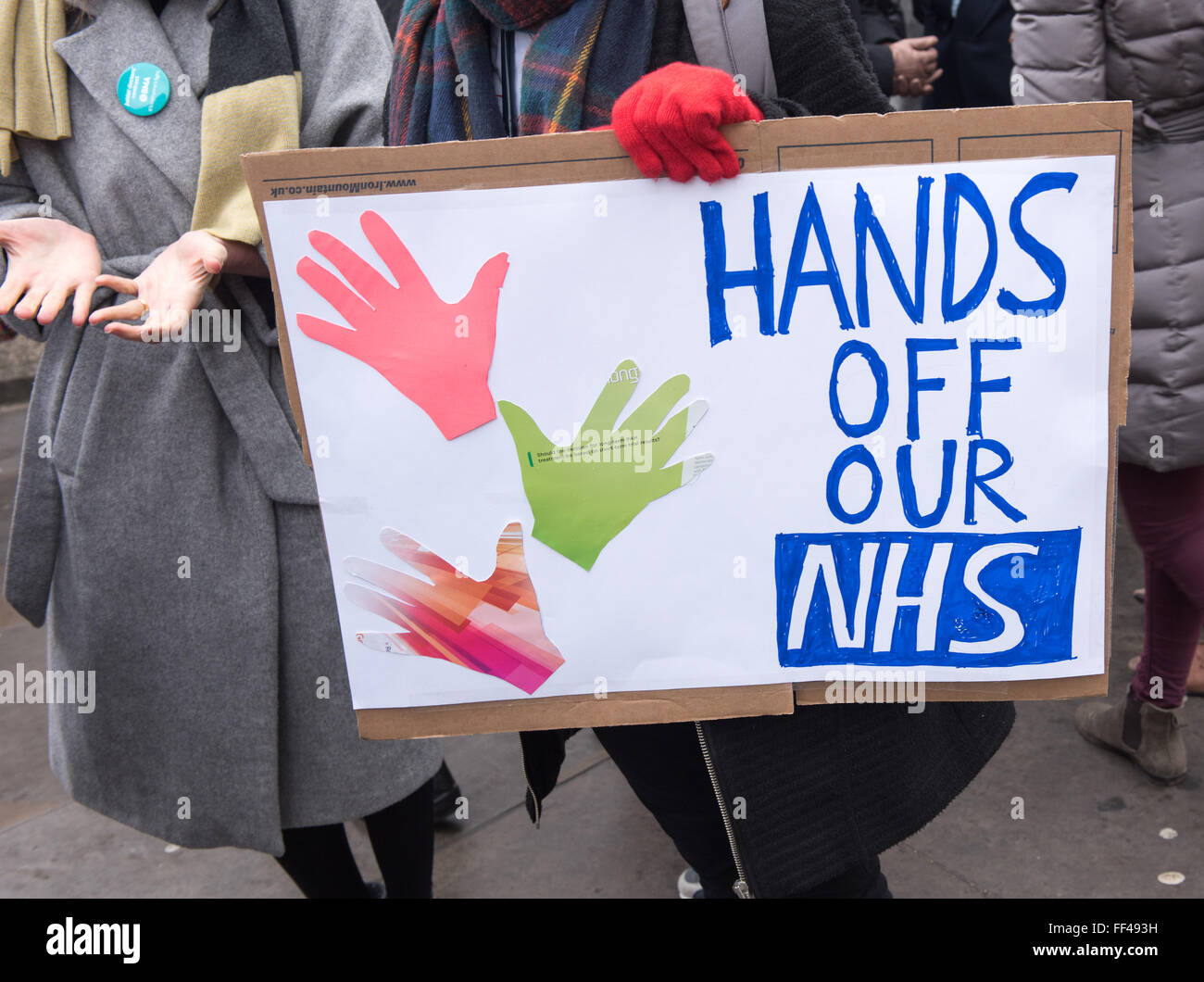 London, UK. 10th February, 2016. Hands off our NHS Banner outside St Thomas' Hospital, London Credit:  Ian Davidson/Alamy Live News Stock Photo