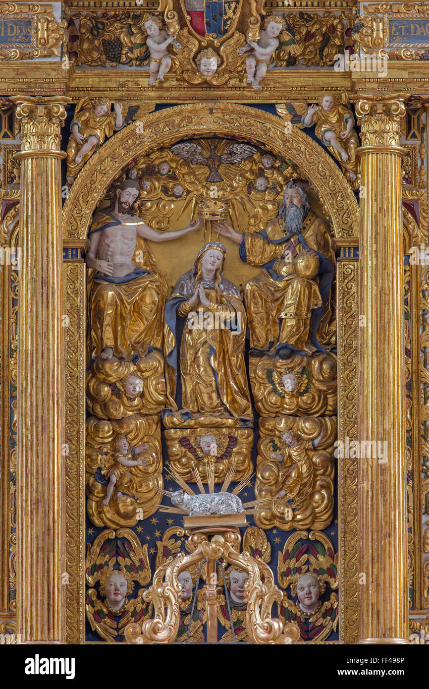 NEUBERG AN DER MURZ, AUSTRIA -  2015: The carved polychrome Coronation of Virgin, by Hans Georg Mader, Jakob Huldi...17th cent. Stock Photo