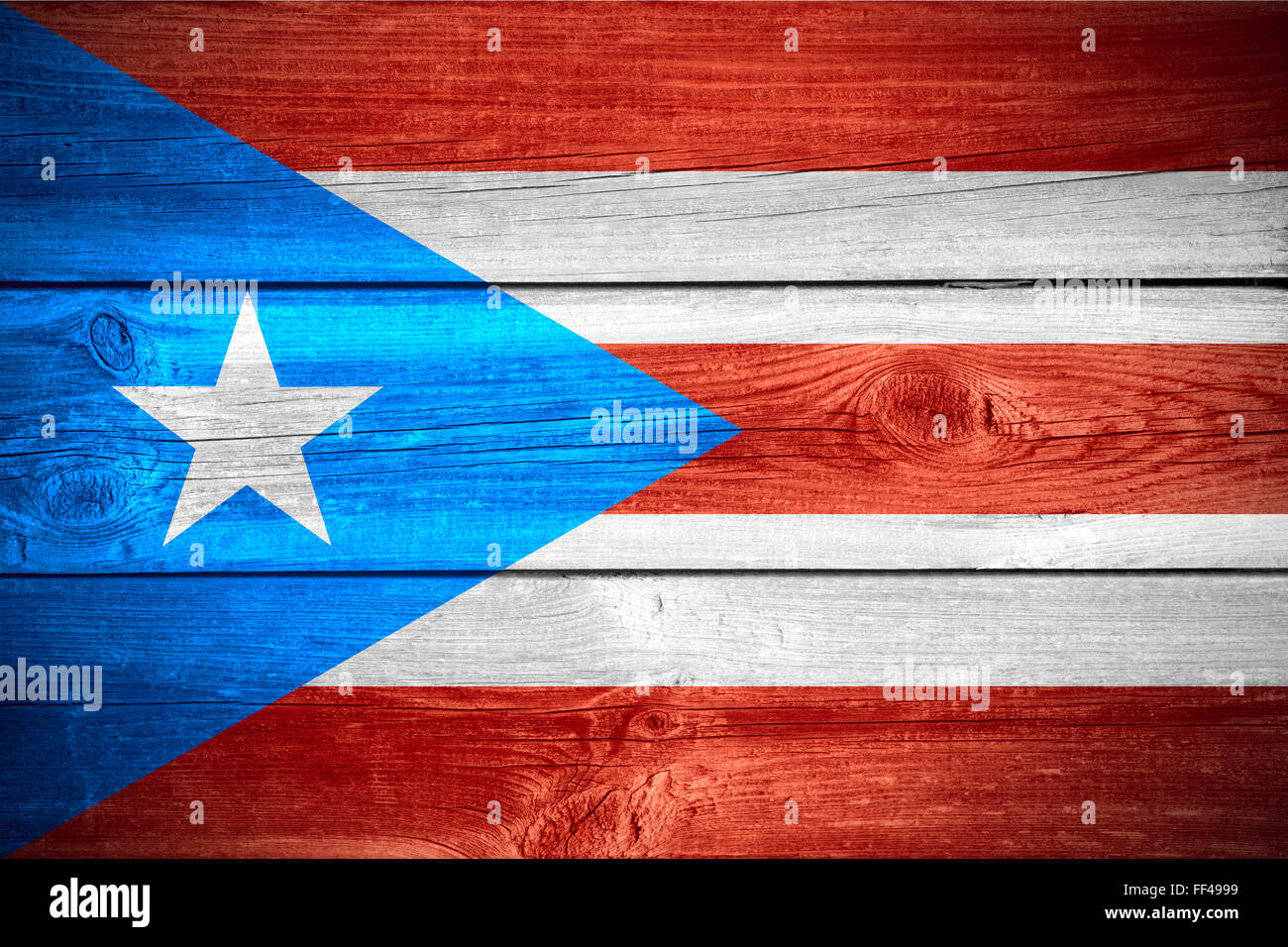 flag of Puerto Rico or Puerto Rican banner on wooden background Stock