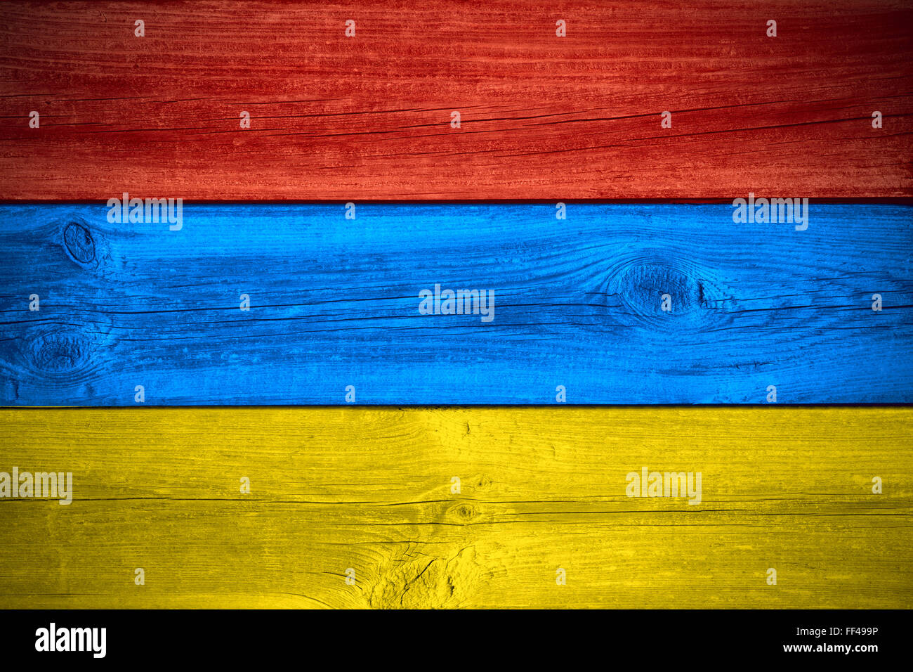 flag of  Armenia or Armenian banner on wooden background Stock Photo