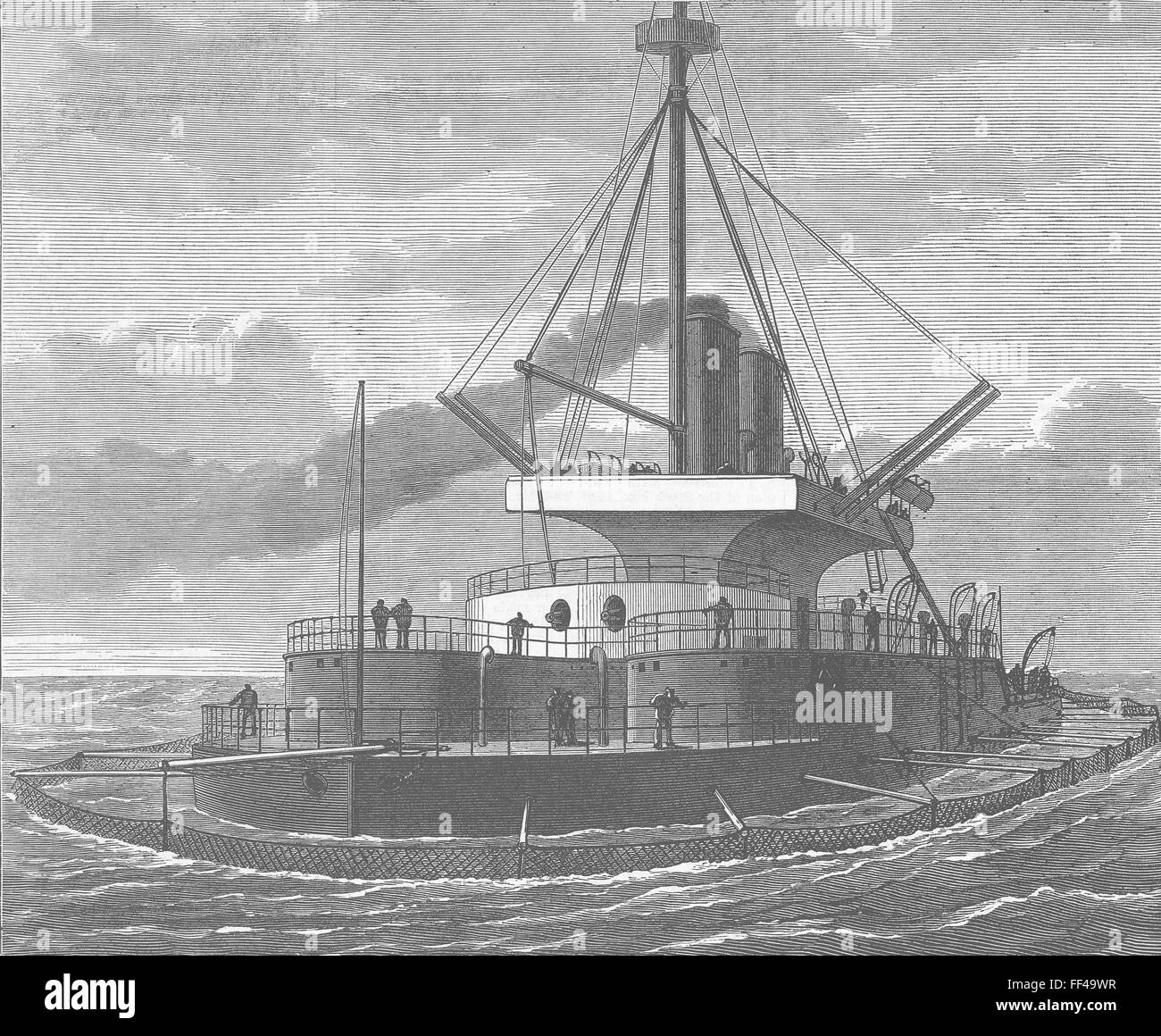 SHIPS HMS Thunderer fitted with anti-torpedo nets 1877. Illustrated London News Stock Photo