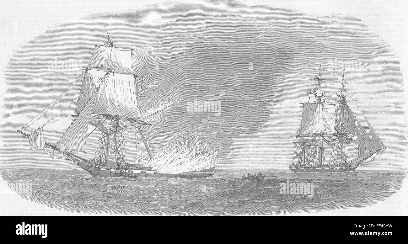 INDIA Thomas Thompson, ablaze Crew rescued 1852. Illustrated London News Stock Photo