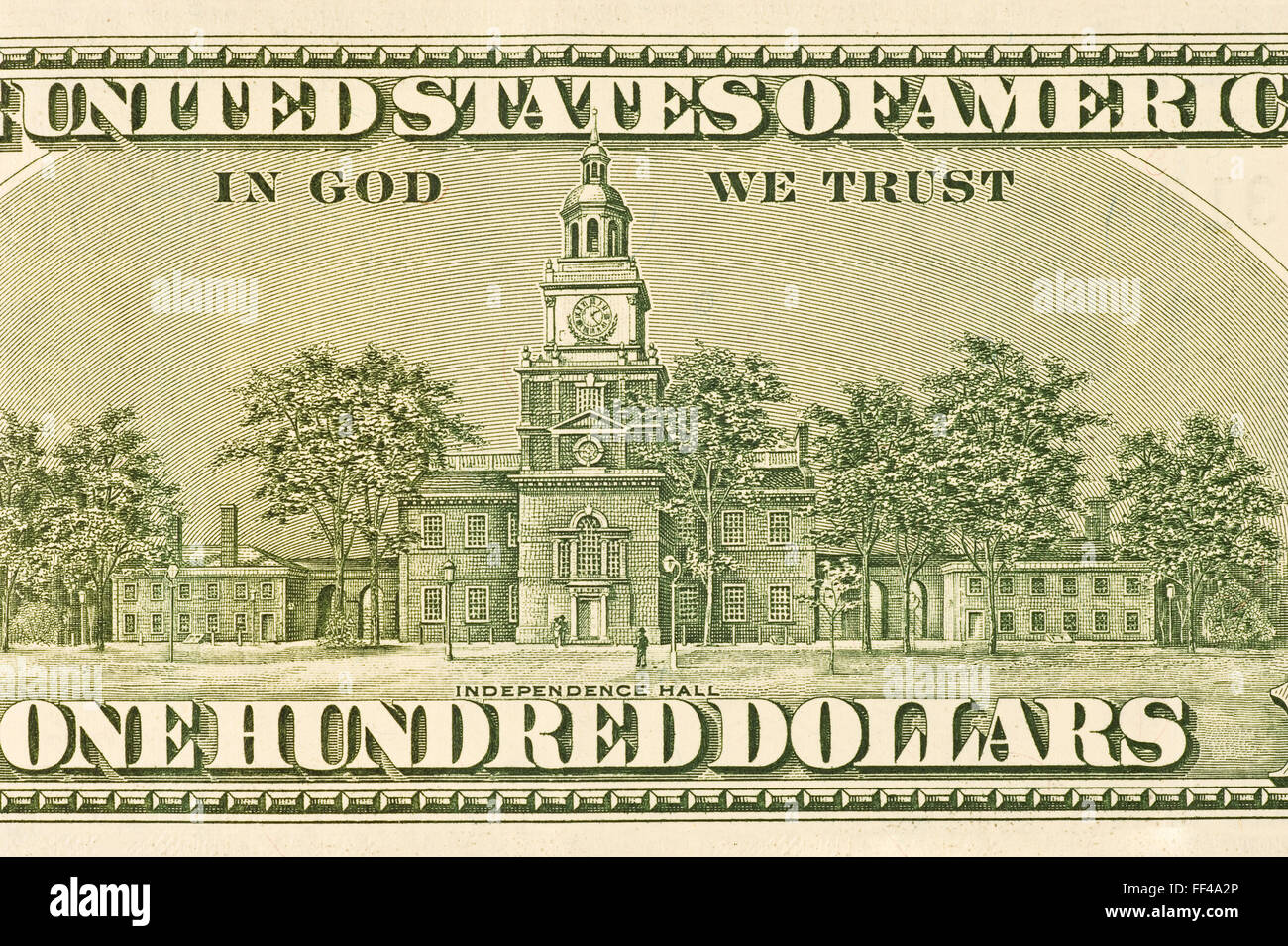 Detail From Back of Hundred Dollar Bill Stock Photo