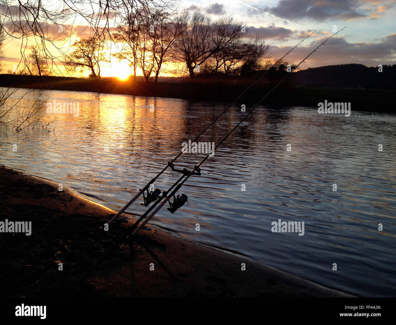 Fishing for barbel on River Wye at HayonWye Powys Wales UK Stock