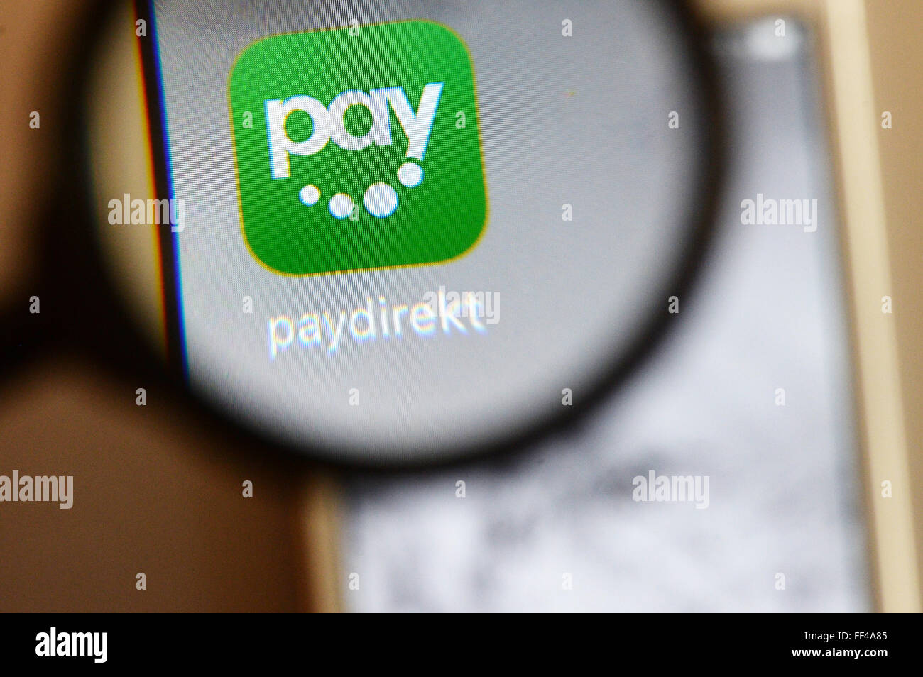 Berlin, Germany. 03rd Feb, 2016. ILLUSTRATION - The logo of the online payment service Paydirekt pictured on a smarthpone in Berlin, Germany, 03 February 2016. Paydirekt is a German company with a strict data protection policy that will not reroute funds to intermediary payment service providers. Payment transactions are included in regular account statements. Photo: JENS KALAENE/dpa/Alamy Live News Stock Photo