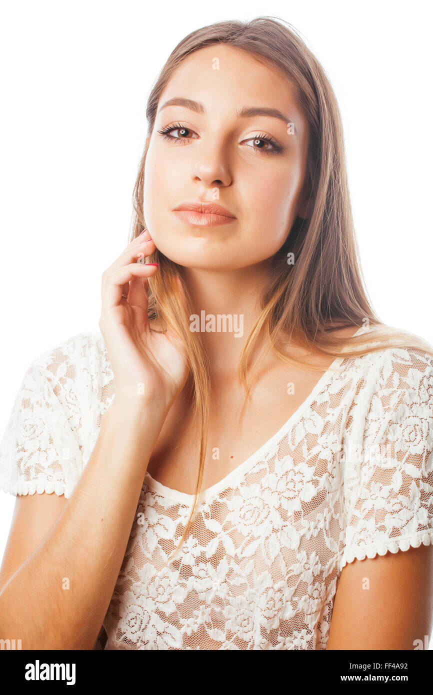 young beauty woman smiling dreaming isolated on white close up ...