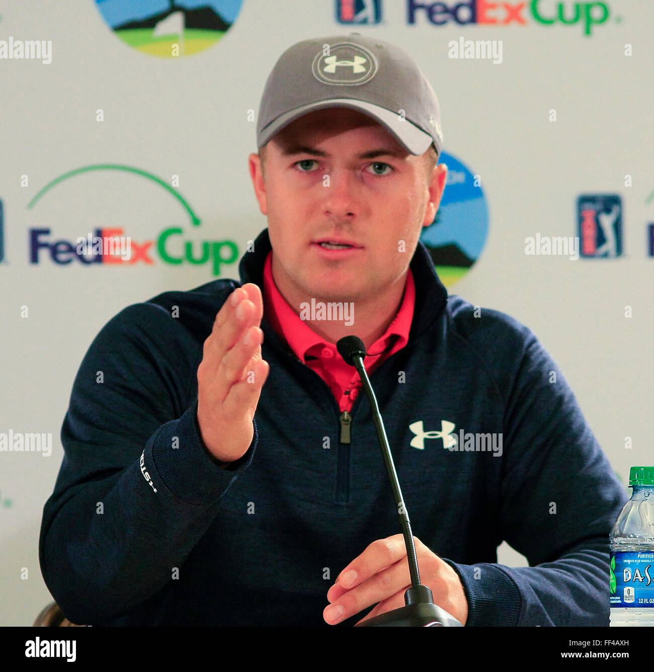 Jordan Spieth, (Texas) the World No.1 golfer talks with the press at the AT&T Pro-Am PGA Tour golf event at Pebble Beach CA, USA Stock Photo