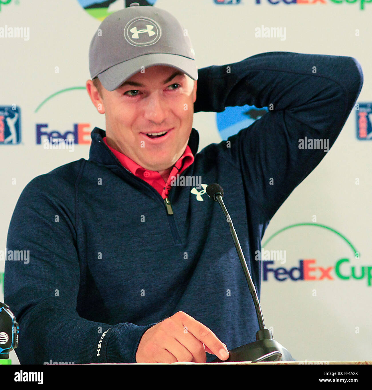 Jordan Spieth, (Texas) the World No.1 golfer talks with the press at the AT&T Pro-Am PGA Tour golf event at Pebble Beach CA, USA Stock Photo