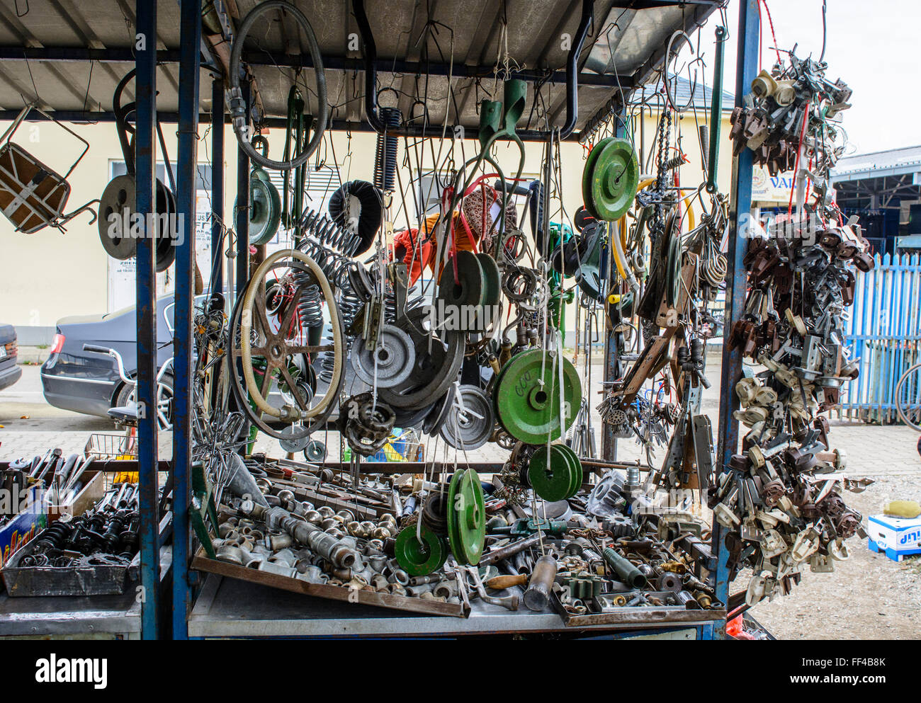 Market stall with old parts for a variety of purposes. Stock Photo