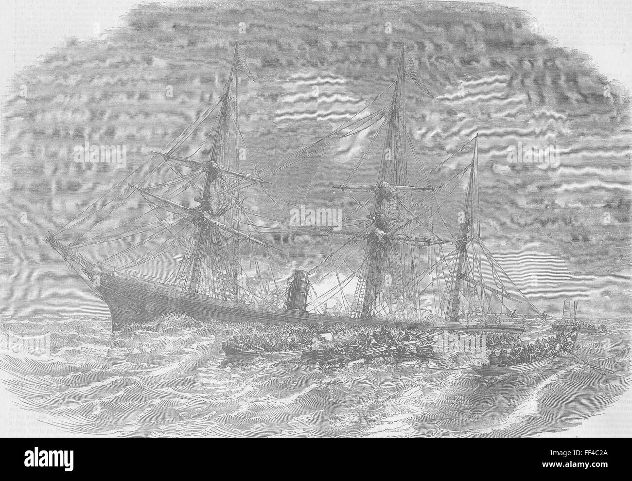 SHIPS Lyonnais passengers quitting sinking ship 1856. Illustrated Times Stock Photo