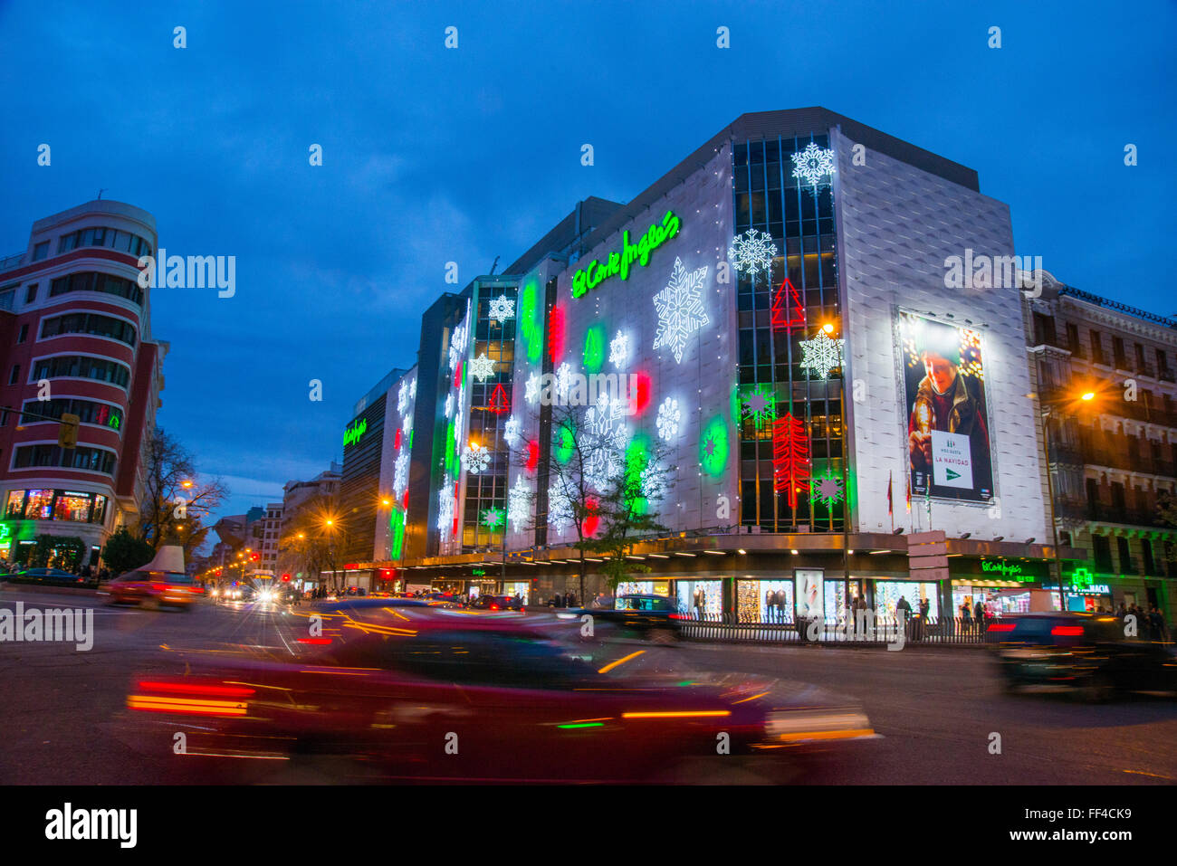 El Corte Ingles shopping center at Christmas time, night view. Goya street, Madrid, Spain. Stock Photo