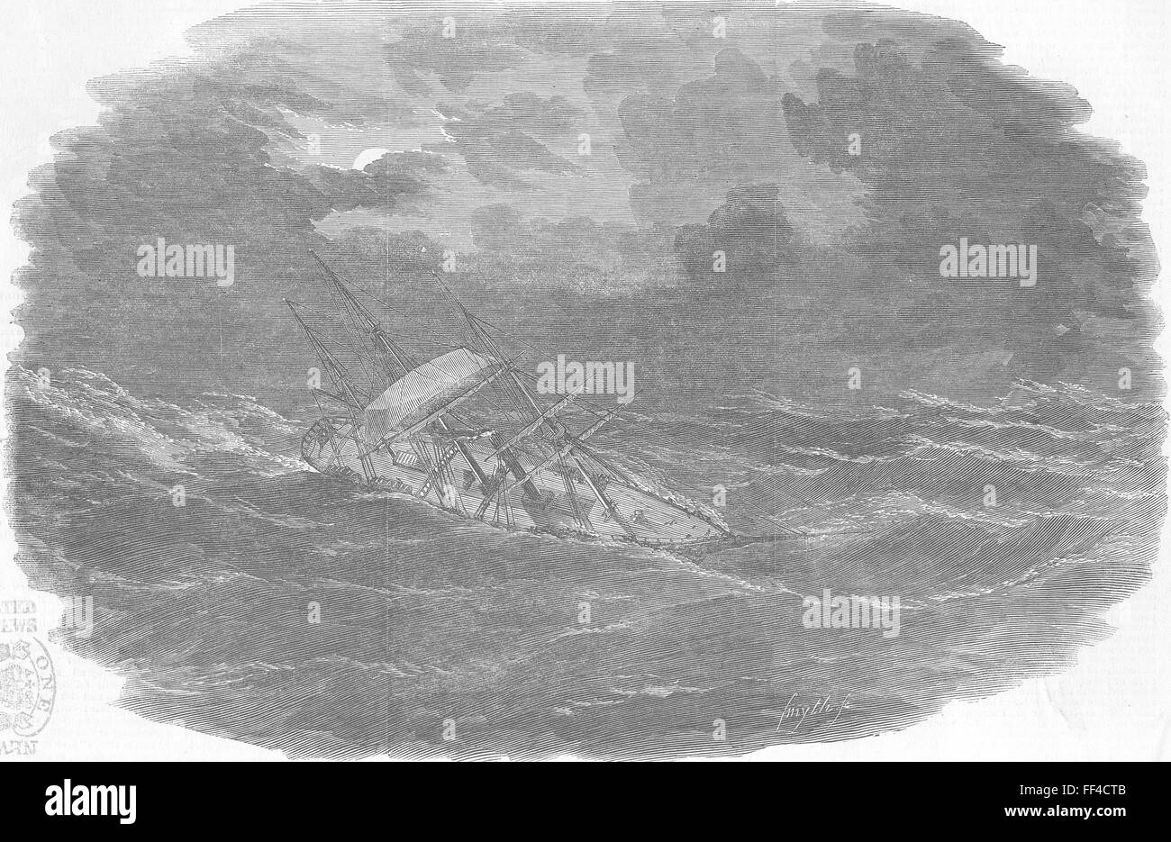 INDIAN OCEAN Ship Argo, cyclone, Kerguelen Island 1853. Illustrated London News Stock Photo