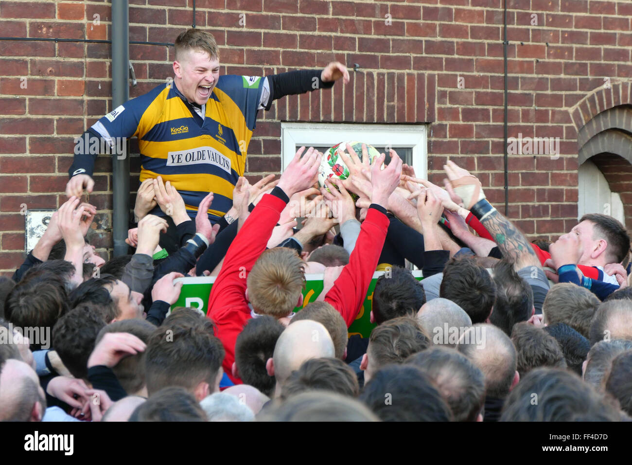 Ashbourne, Derbyshire, UK. 10th February, 2016. Ash Wednesday football match witch is the second day of the Royal Shrovetide Football match in Ashbourne, Derbyshire 2016 The Royal Shrovetide Football features the unconventional football game that is played over two eight hour periods on shrovetide Tuesday & Ash Wednesday. The goal posts 3 miles apart in the river which separated the Northern & Southern half of the Derbyshire town. Credit:  Doug Blane/Alamy Live News Peak District National Park Stock Photo