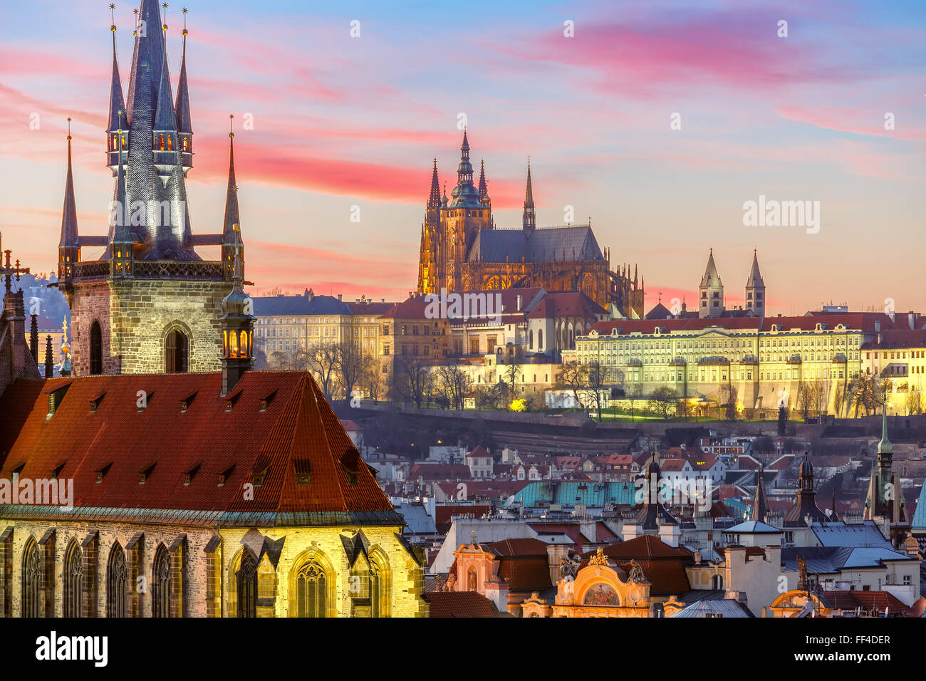 Aerial view over Old Town at sunset, Prague Stock Photo