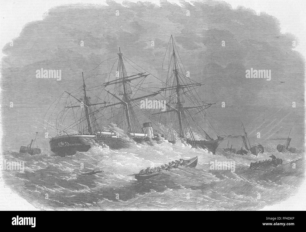 NORFOLK Ship aground, Haisborough Sands, Yarmouth 1864. Illustrated London News Stock Photo