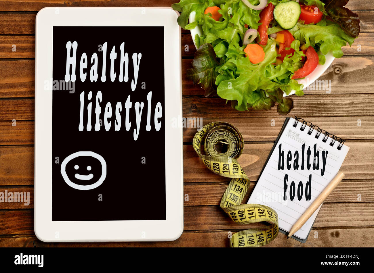 Healthy food words on notepad Stock Photo
