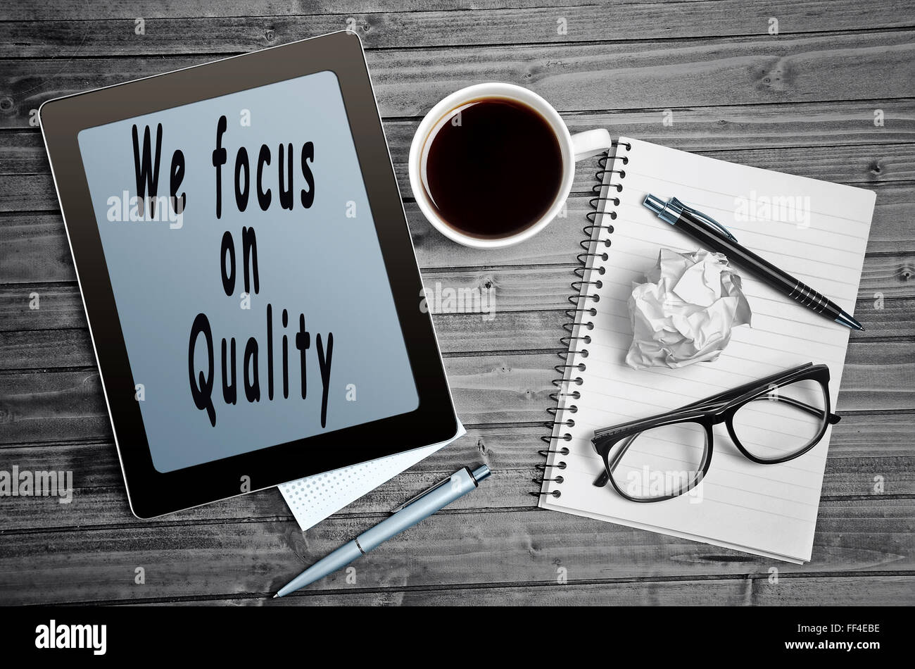 We focus on Quality text write on digital tablet Stock Photo