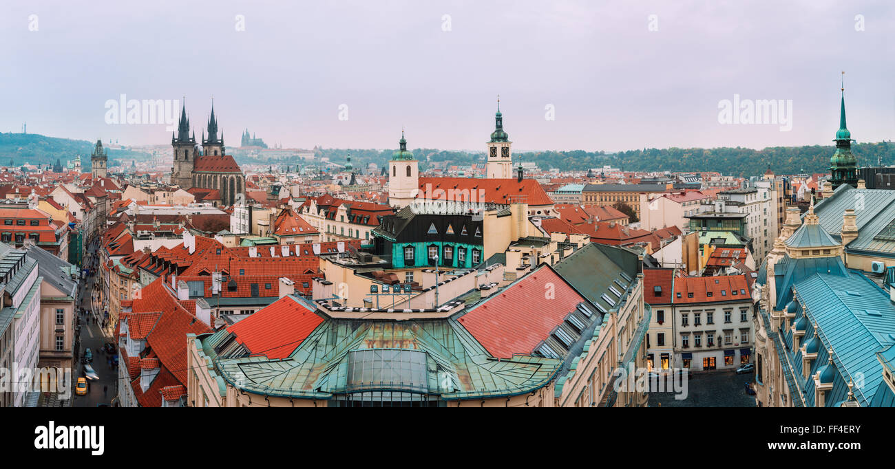 Cityscape of Prague, Czech Republic. Famous Old town hall, Church Of Our Lady Before Tyn, St. Vitus Cathedral. Panorama of Pragu Stock Photo