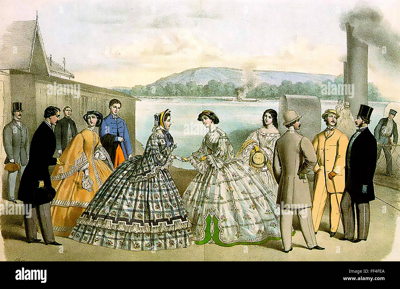 19th CENTURY FASHION as shown in a coloured engraving from the Weiner-Moden-Zeitung (Viennese Fashion News) in July 1862 Stock Photo
