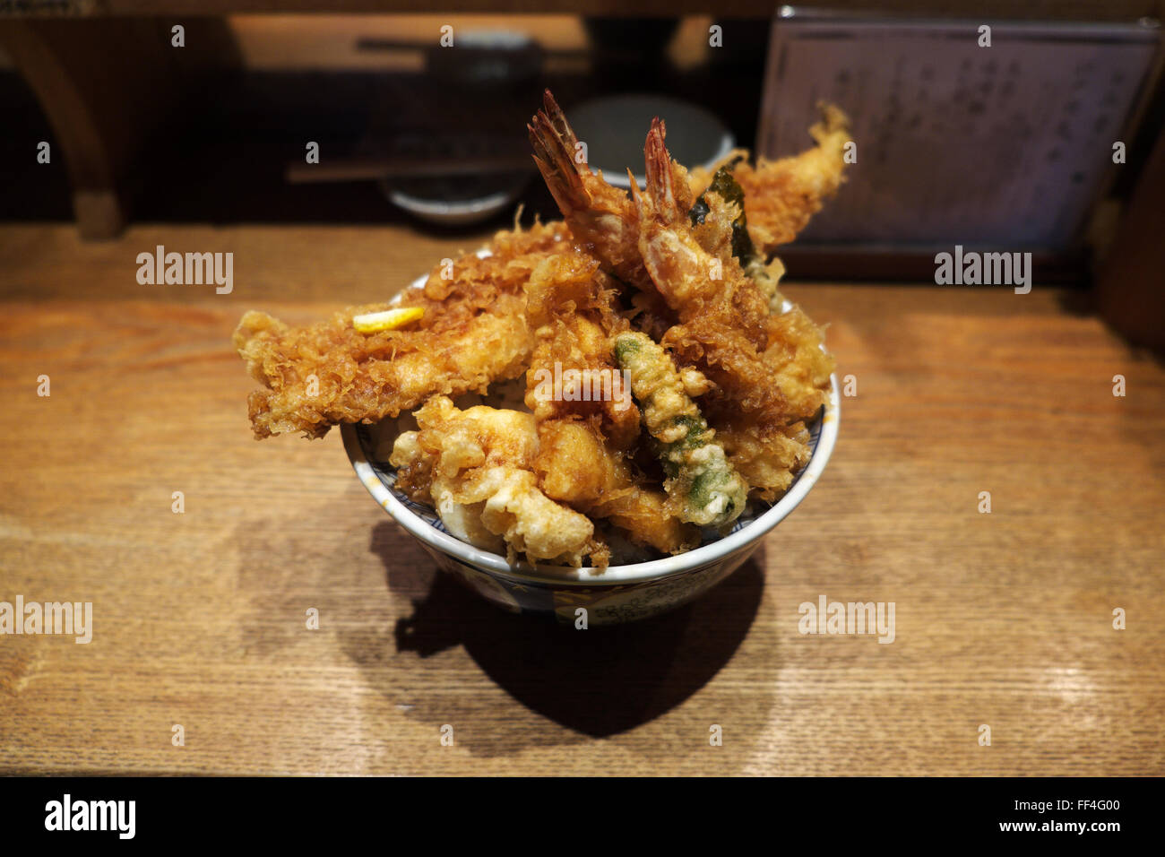 A bowl of tendon (tempura over rice) at Tendon Kaneko Hannosuke ...