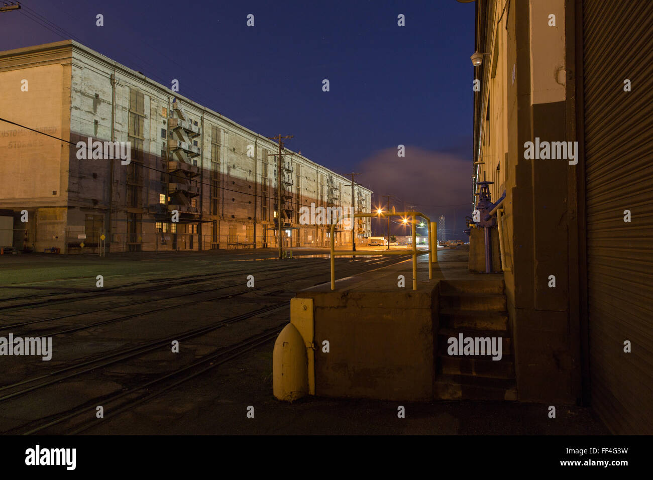 warehouses at night at the Port of Los Angeles Stock Photo