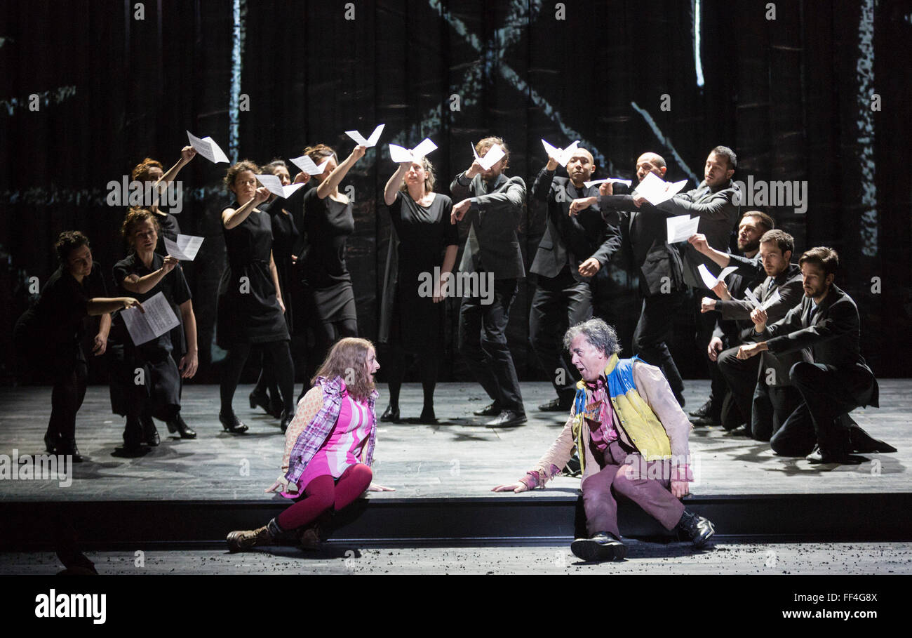 London, UK. 3 February 2016. Soraya Mafi as Papagena and Peter Coleman-Wright as Papageno. Dress rehearsal of the opera The Magic Flute (Die Zauberfloete) by Wolfgang Amadeus Mozart at the London Coliseum. The English National Opera production is directed by Simon McBurney and runs from 5 February to 19 March 2016. With Allan Clayton as Tamino, Peter Coleman-Wright as Papageno, Ambur Braid as The Queen of the Night, John Graham-Hall as Monostatos, Lucy Crowe as Pamina, James Cresswell as Sarastro and Soraya Mafi as Papagena. Stock Photo