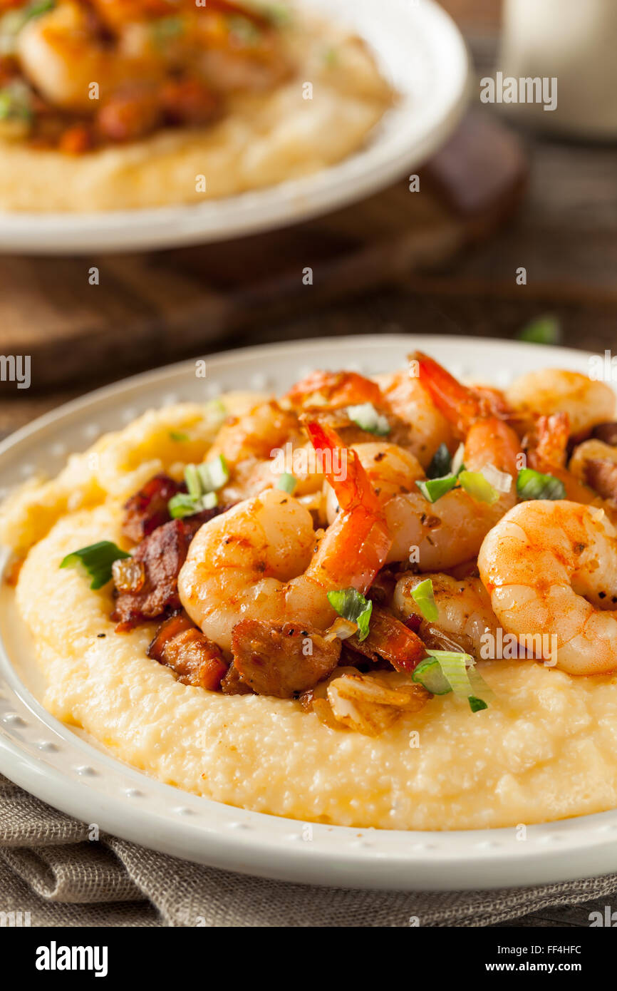 Homemade Shrimp and Grits with Pork and Cheddar Stock Photo