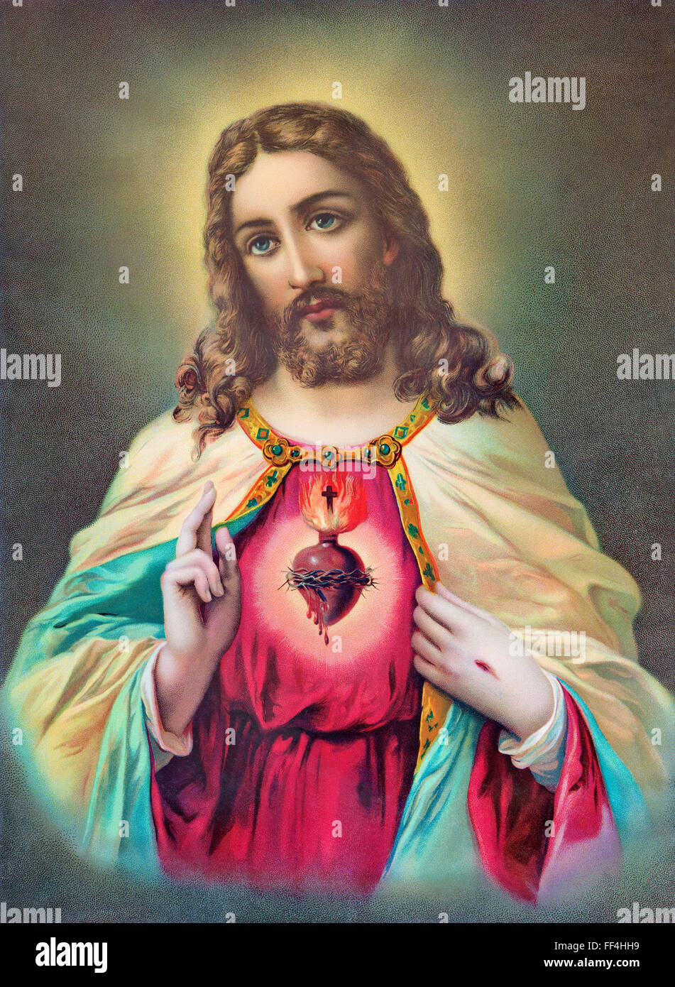 SEBECHLEBY, SLOVAKIA - JULY 24, 2015: Typical old catholic image of heart of Jesus Christ from Slovakia, by unknown artist. Stock Photo