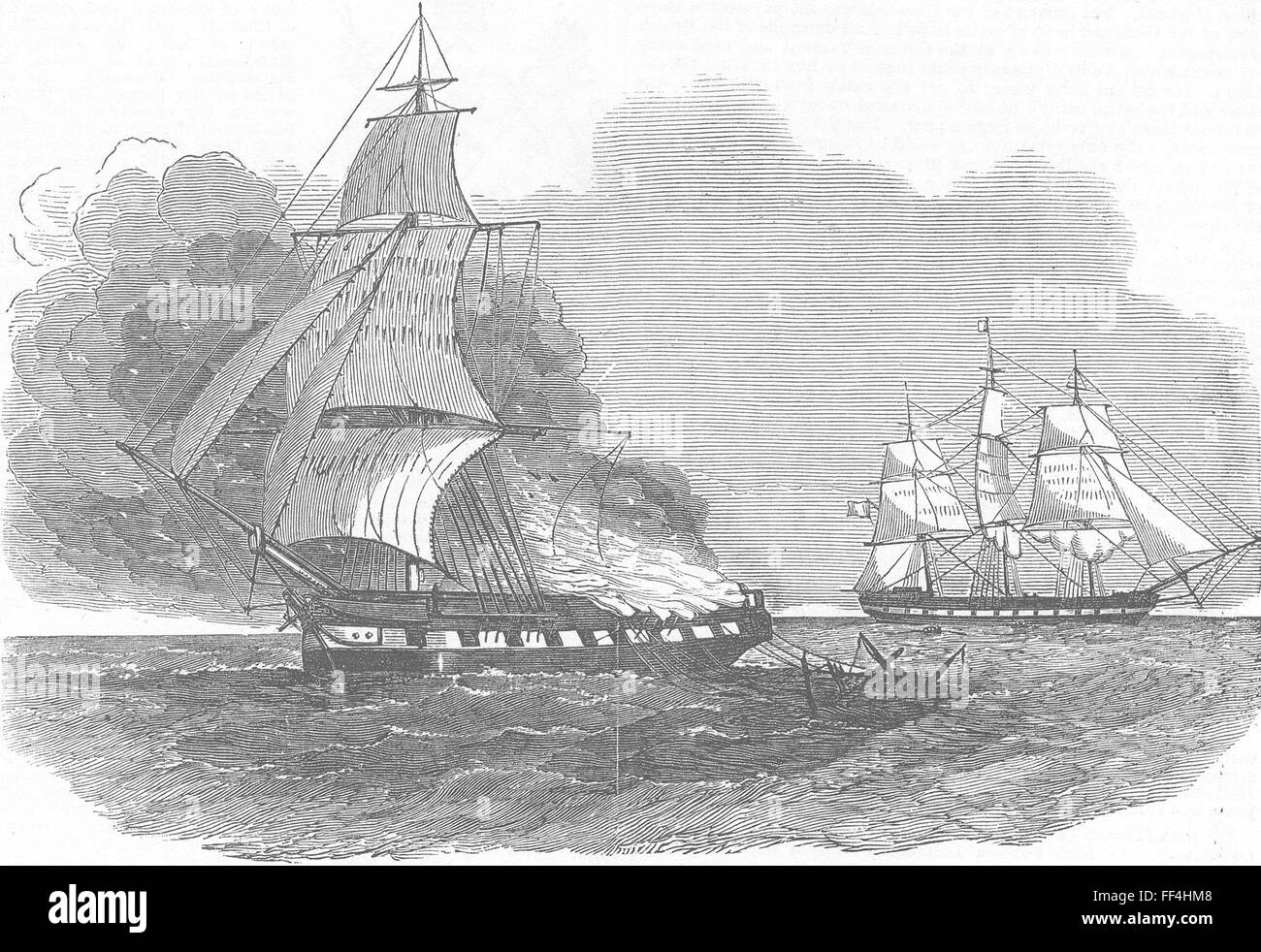 INDIA ship British Merchant, ablaze 1853. Illustrated London News Stock Photo