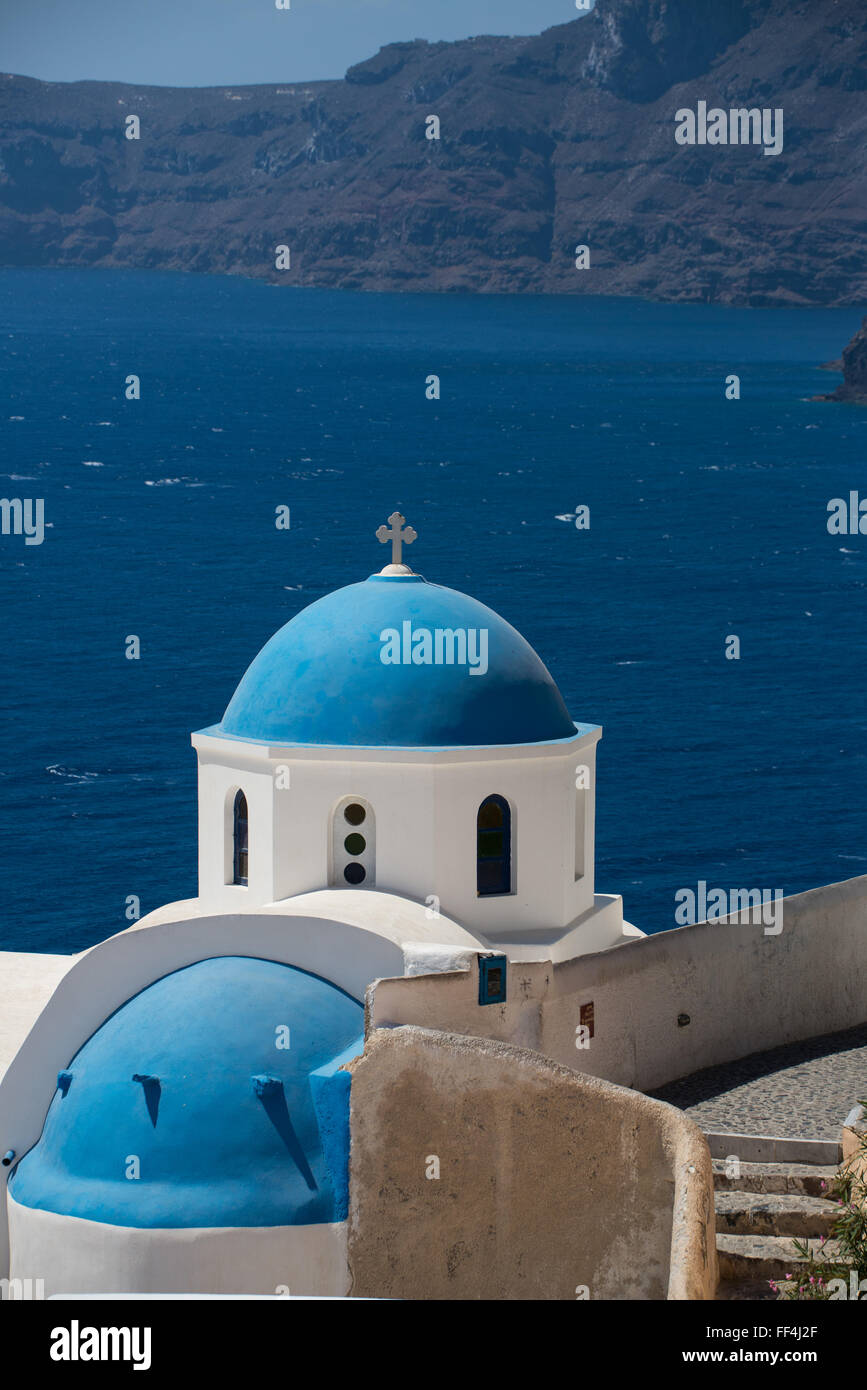 white church with blue chapel and seaview at santorini greece Stock ...