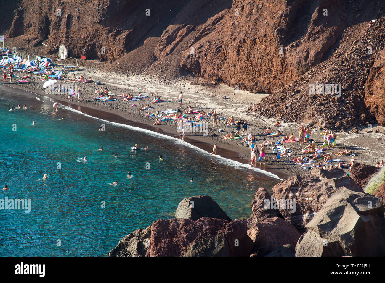 view at red beach with cliffs at santorini in greece Stock Photo