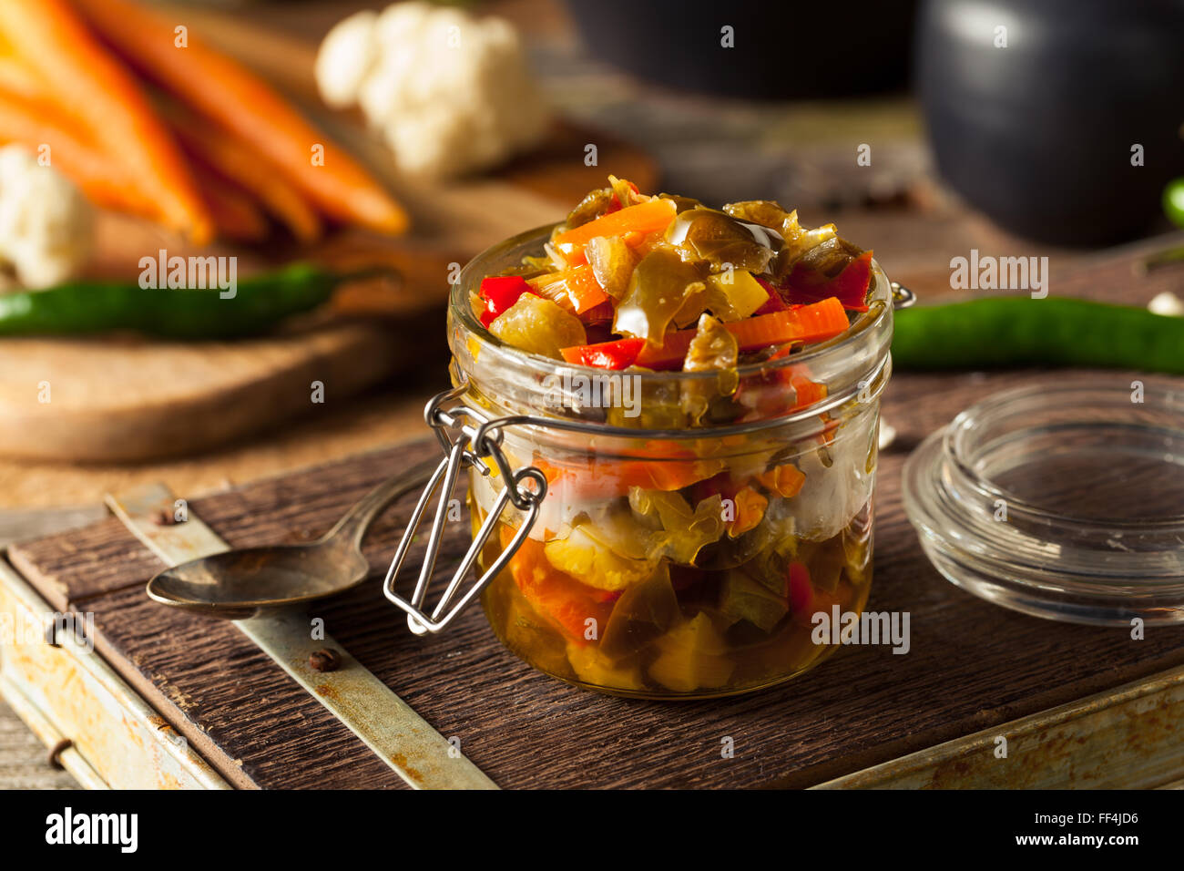 Spicy Homemade Pickled Giardiniera with Peppers, Carrots and