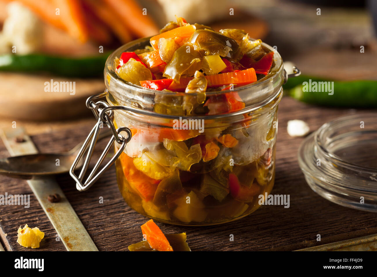 Spicy Homemade Pickled Giardiniera with Peppers, Carrots and