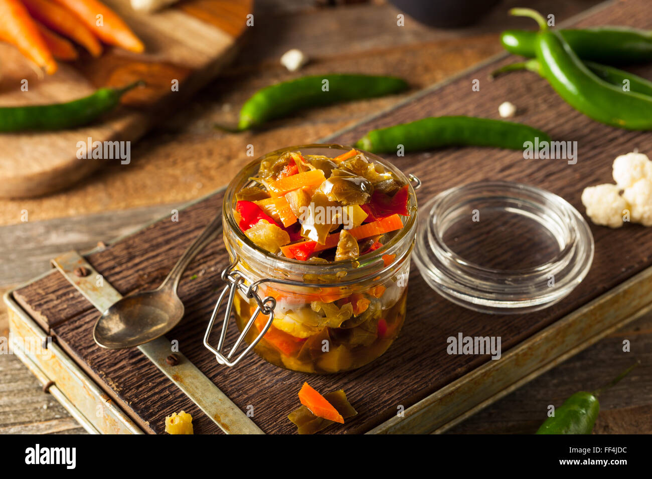 Spicy Homemade Pickled Giardiniera with Peppers, Carrots and