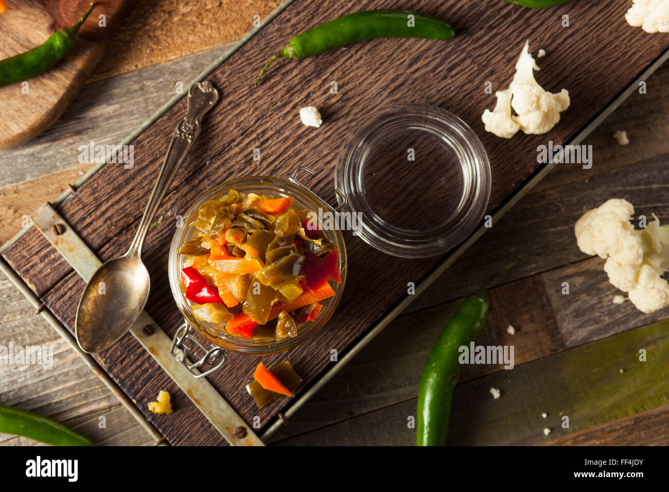 Spicy Homemade Pickled Giardiniera with Peppers, Carrots and