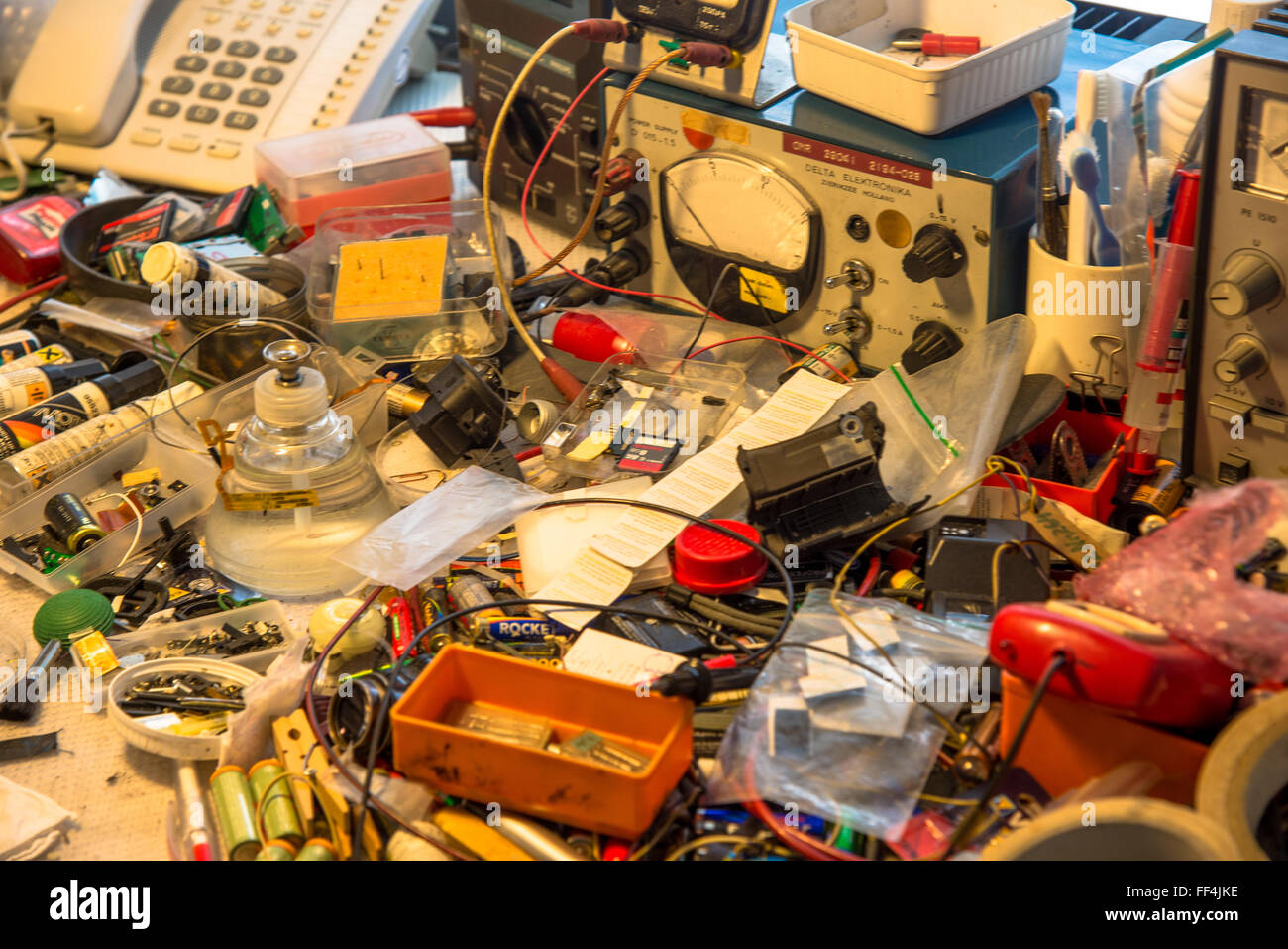 messy workplace at repairshop Stock Photo