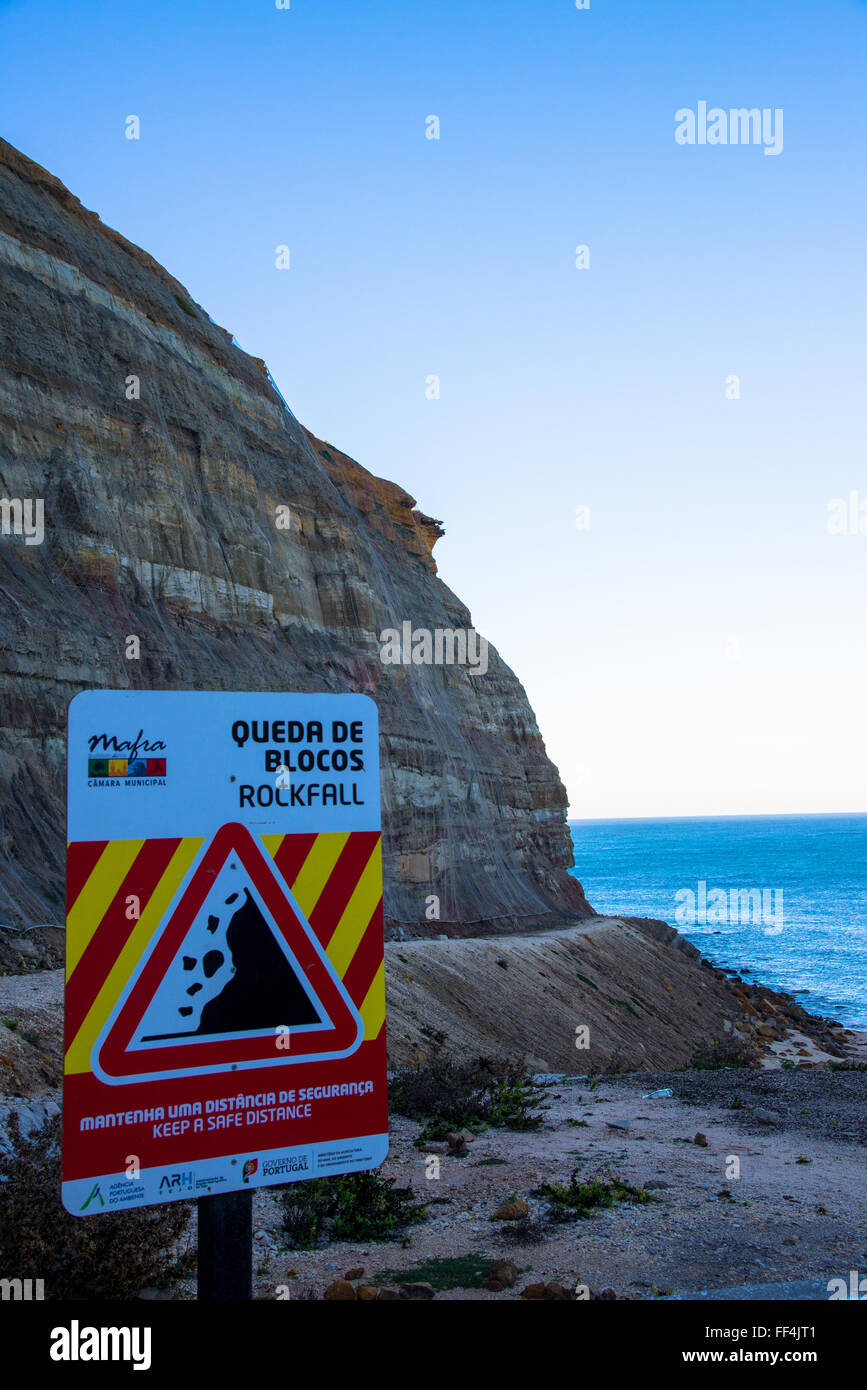 warning sign at cliifs at calada beach in portugal Stock Photo